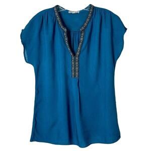 Pleione Women's Contrast Trim Spilt Neck Cap Sleeve Blouse Teal Blue Size Small
